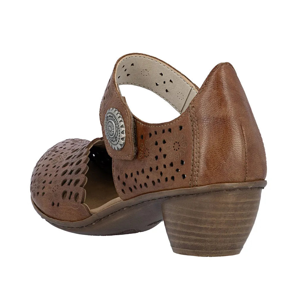 Rieker 43753-22 women's brown leather touch fastening shoes with perforated design and low chunky heel.