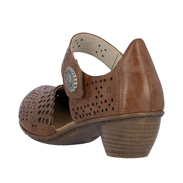 Rieker 43753-22 women's brown leather touch fastening shoes with perforated design and low chunky heel.