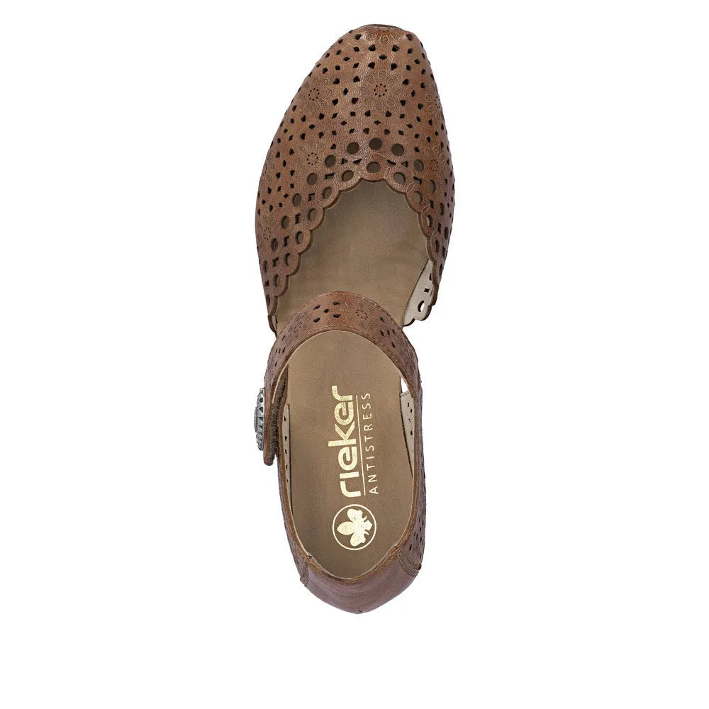 Rieker 43753-22 women's brown leather touch fastening shoes with perforated design and scalloped edges.