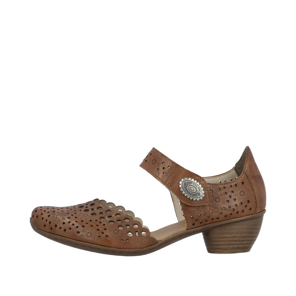 Rieker 43753-22 women's brown leather touch fastening shoes with perforated design and low stacked heel.