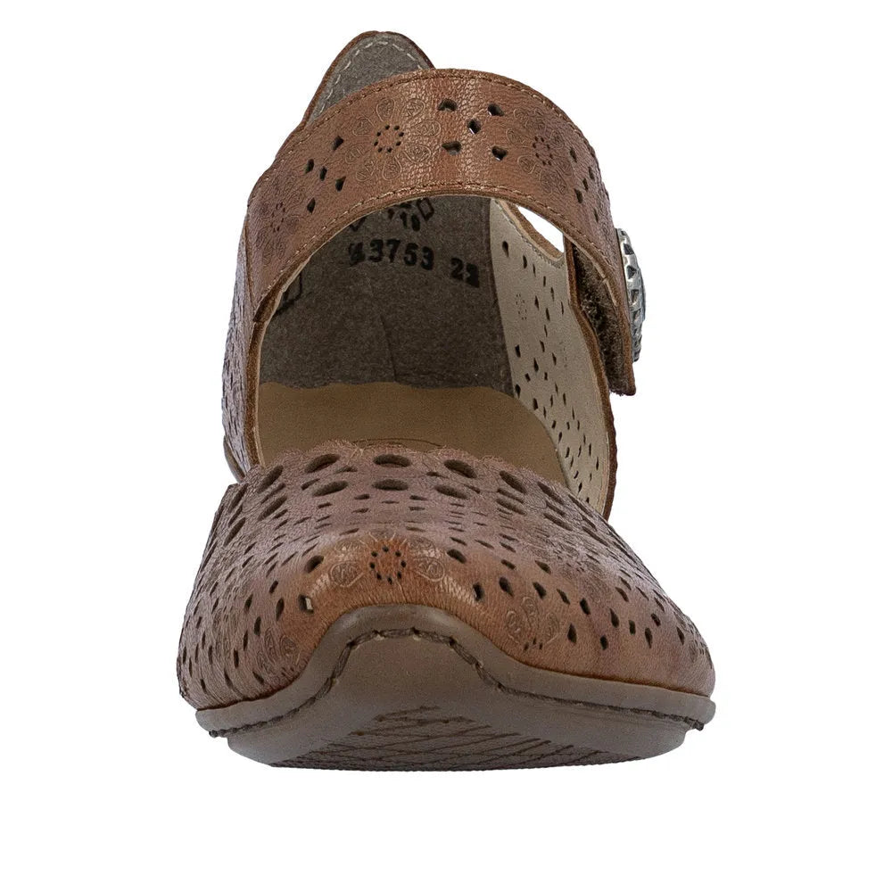 Rieker 43753-22 women's brown leather touch fastening shoes with perforated design and adjustable strap.