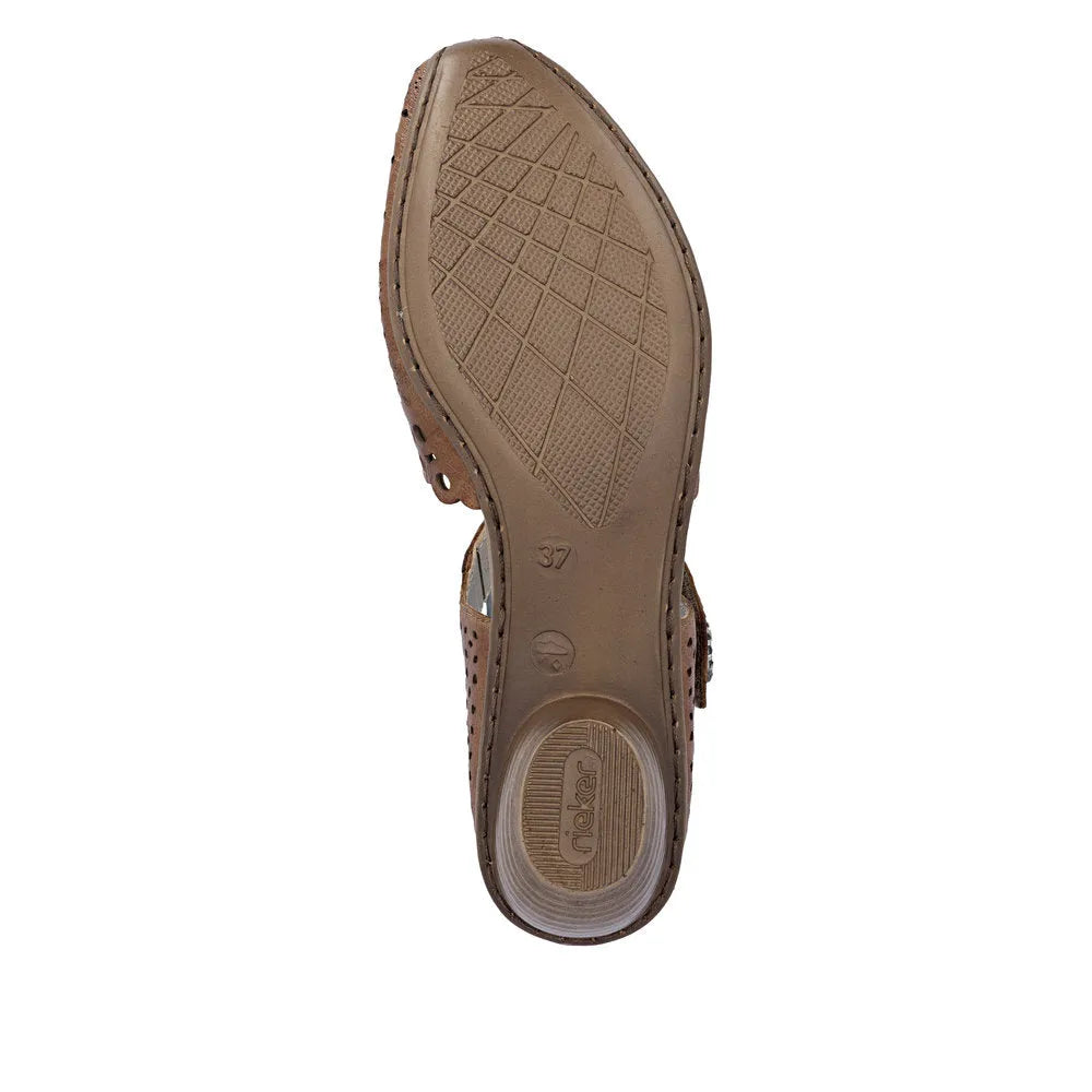 Rieker 43753-22 women's brown leather touch fastening shoes with textured sole and low heel.