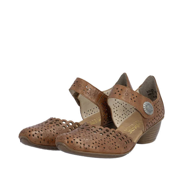 Rieker 43753-22 women's brown leather touch fastening shoes with perforated design and low heel.