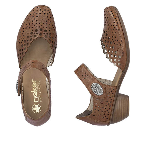 Rieker 43753-22 women's brown leather touch fastening shoes with perforated floral design and chunky heel.