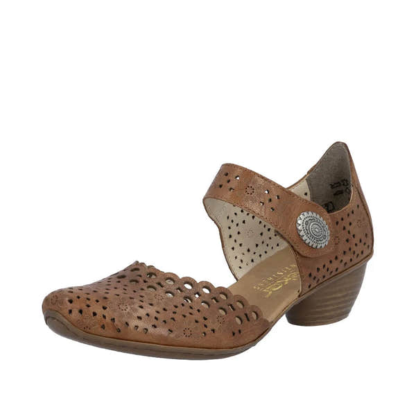 Rieker 43753-22 women's brown leather Mary Jane shoes with punched perforations, touch fastening strap, and low block heel.