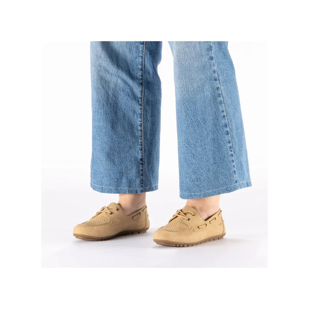 Rieker 43800-60 Ladies Marble Slip-On Shoes in beige, casual comfort footwear with breathable design.