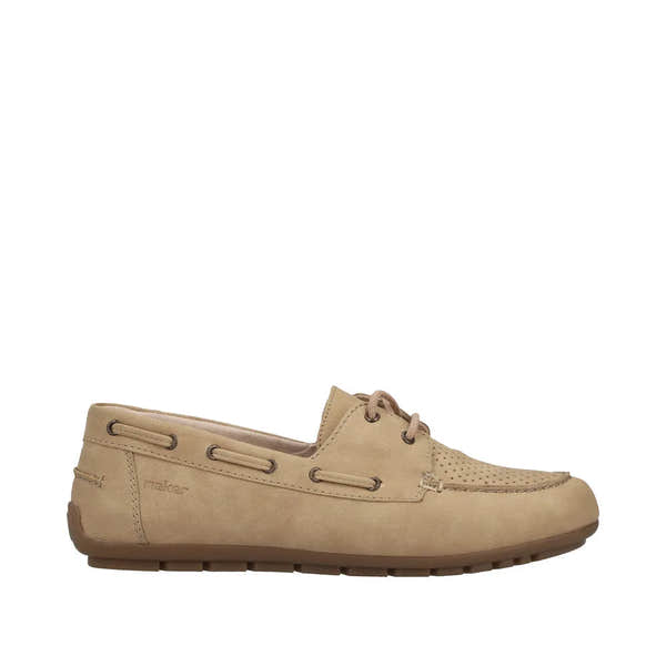 Rieker 43800-60 Ladies Marble Slip-On Shoes, beige leather moccasin-style flats with stitched detailing and flexible sole.