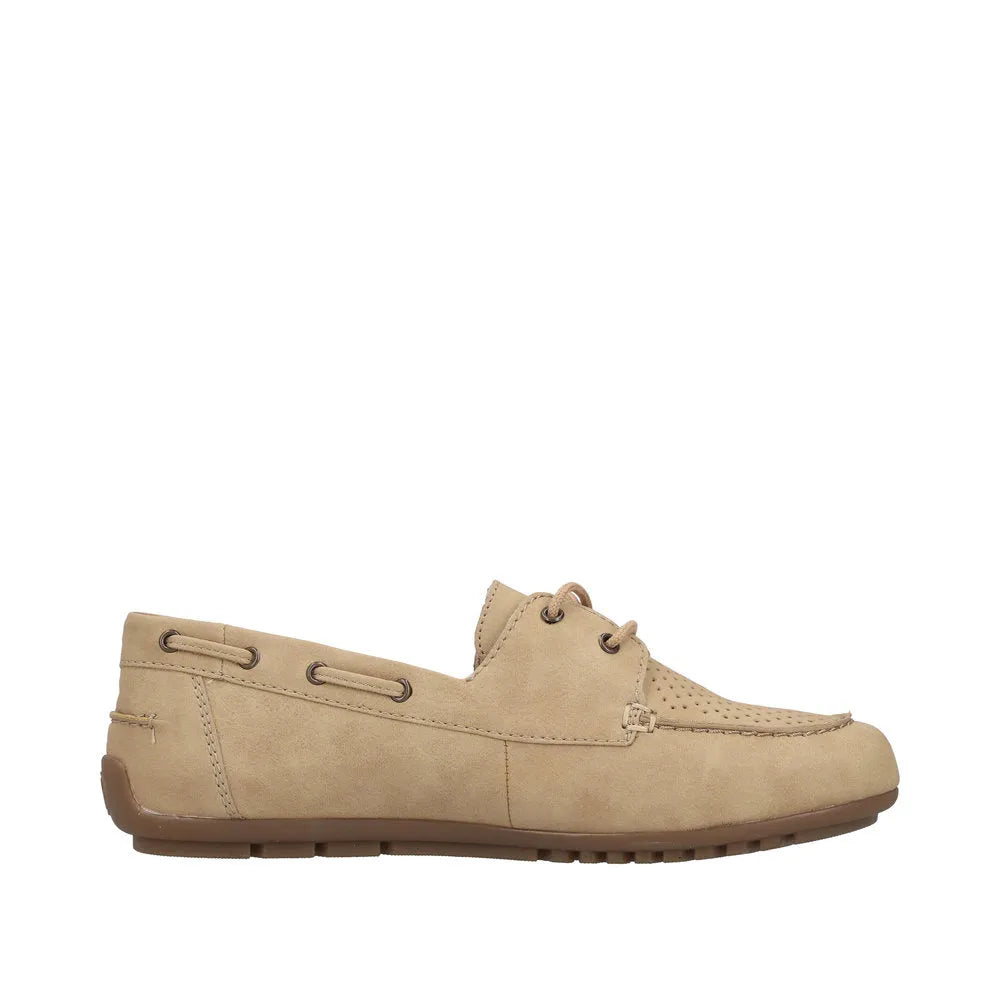 Rieker 43800-60 Ladies Marble Slip-On Shoes in beige with laces and perforated details, casual comfort footwear.