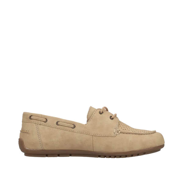 Rieker 43800-60 Ladies Marble Slip-On Shoes in beige with laces and perforated details, casual comfort footwear.