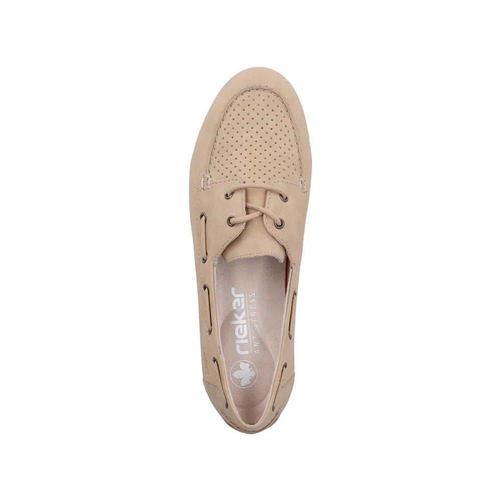 Rieker 43800-60 women's beige marble slip-on shoes with perforated upper and lace detail, breathable and comfortable footwear.
