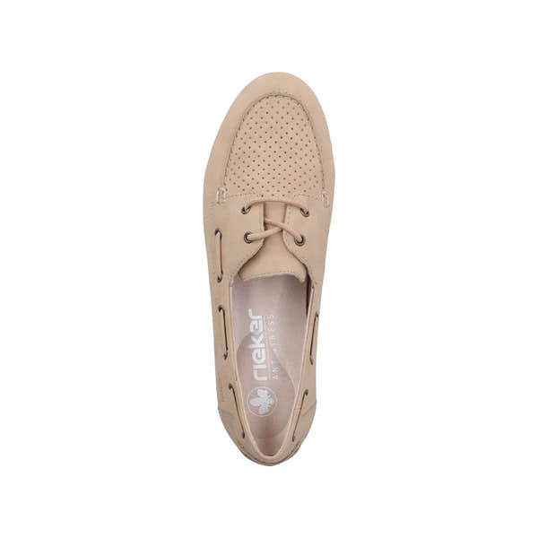 Rieker 43800-60 women's beige marble slip-on shoes with perforated upper and lace detail, breathable and comfortable footwear.