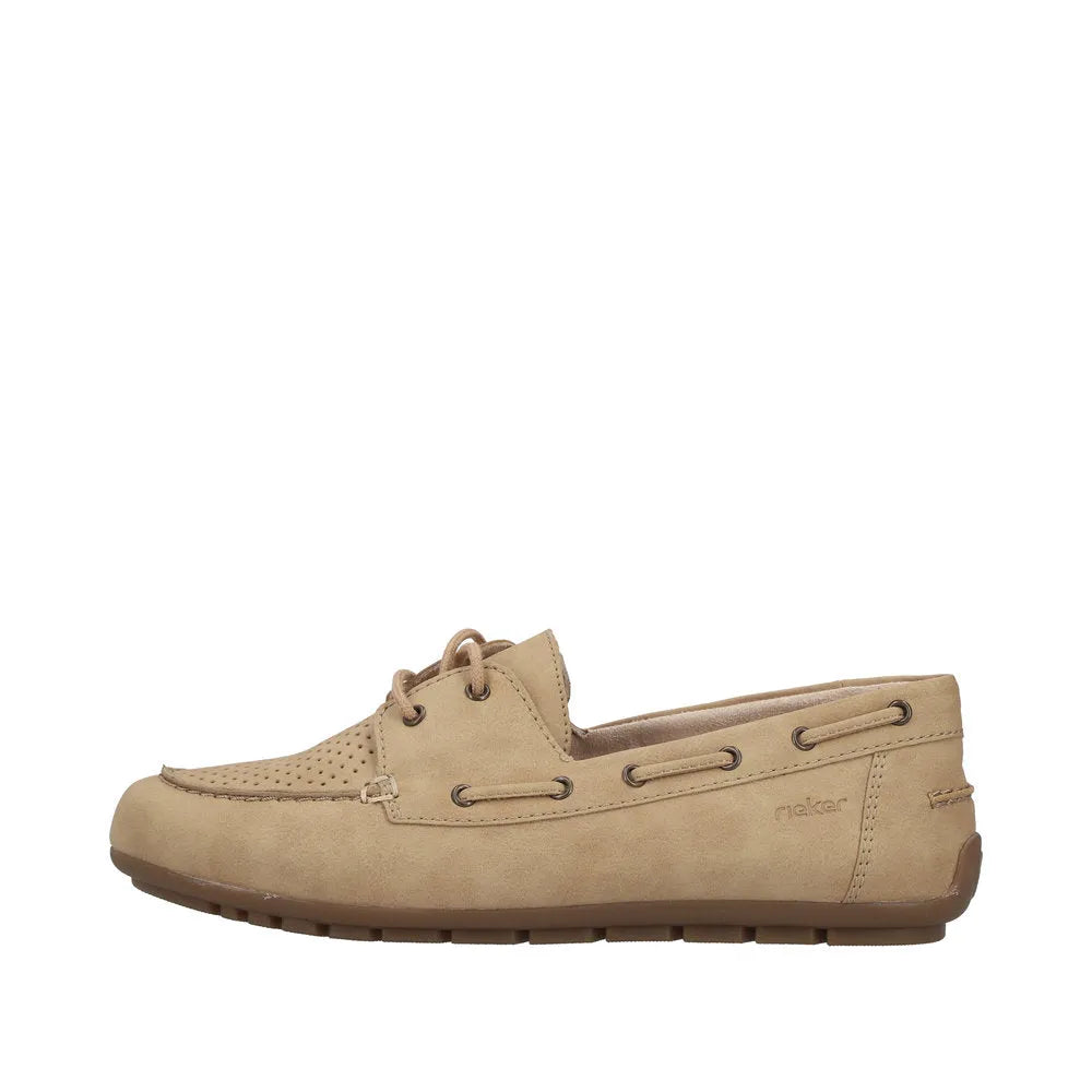 Rieker 43800-60 women's beige marble slip-on shoes with perforated details and lace-up front.
