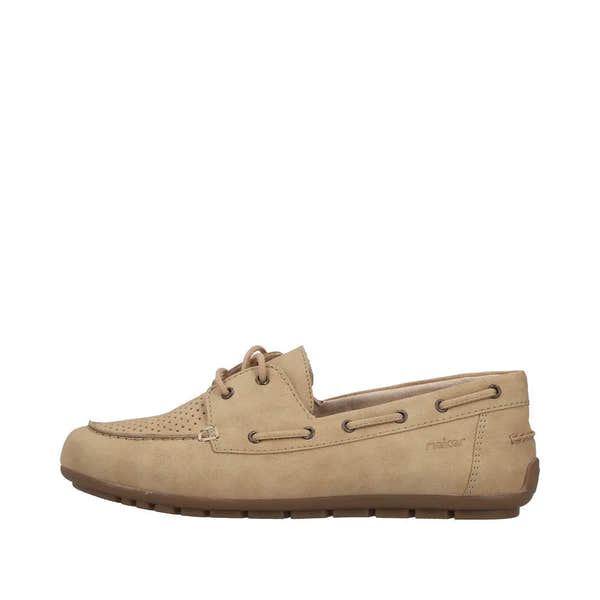 Rieker 43800-60 women's beige marble slip-on shoes with perforated details and lace-up front.