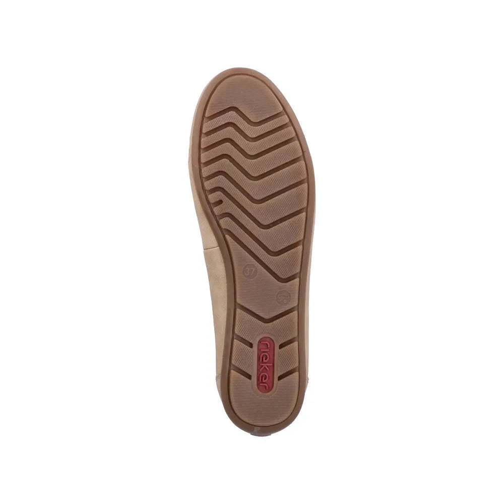 Rieker 43800-60 Ladies Marble Slip-On Shoes, beige, comfortable flat with rubber sole, stylish slip-on design.