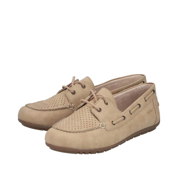 Rieker 43800-60 women's beige slip-on shoes with perforated upper and lace-up detail, lightweight casual footwear.