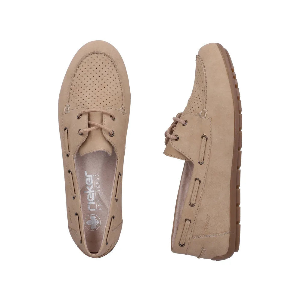 Rieker 43800-60 women's slip-on shoes in marble beige with perforated detail and cushioned sole.