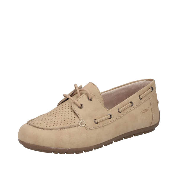 Rieker 43800-60 women's beige slip-on shoes with perforated toe detail, lace-up front, and rubber sole for comfort and style.
