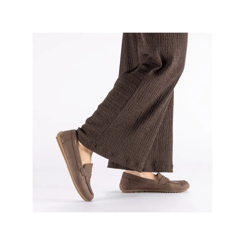 Rieker 43862-24 women's brown slip-on shoes, loafers with moc toe, comfortable casual footwear for women.