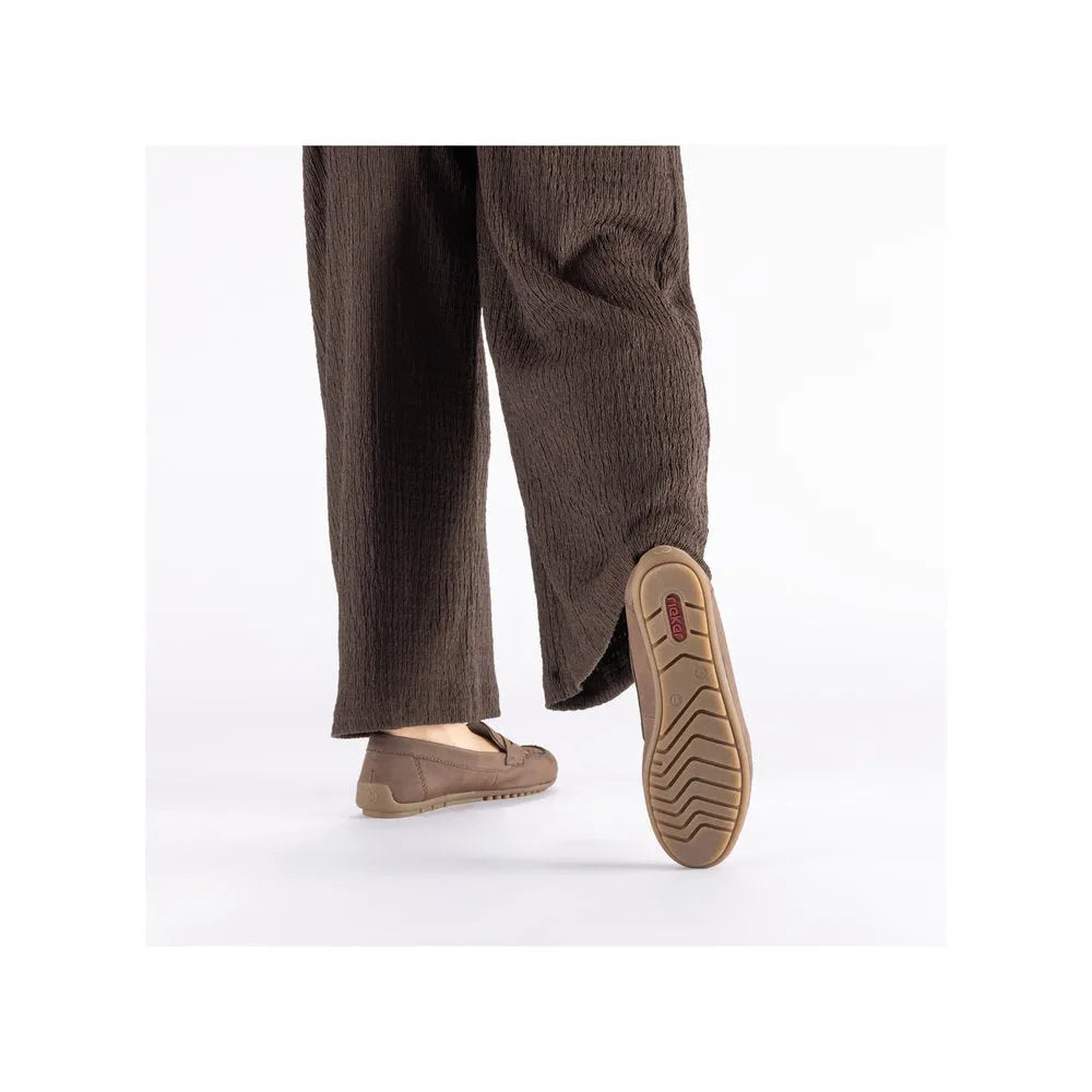 Rieker 43862-24 women's brown slip-on shoes with cushioned soles and casual design.