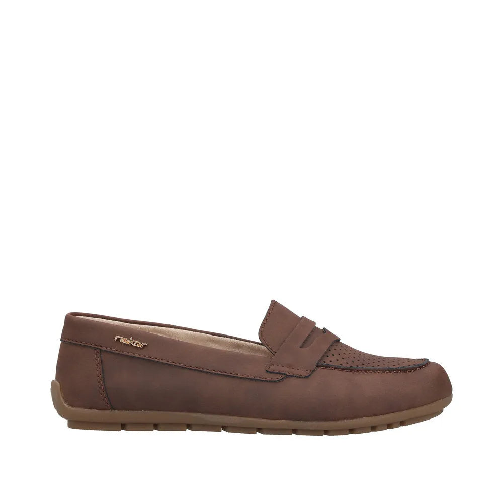 Rieker 43862-24 women's brown slip-on loafers with perforated details and a flexible rubber sole.