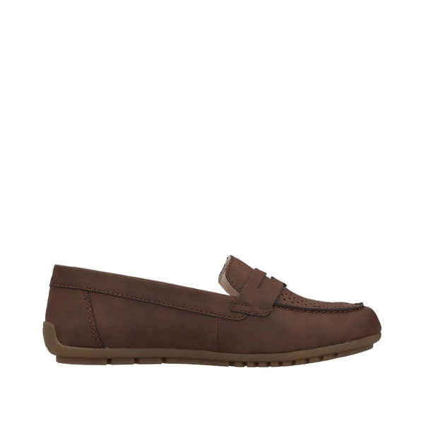 Rieker 43862-24 women's brown slip-on moccasin shoes with perforated detail and flexible sole.