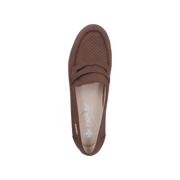 Rieker 43862-24 ladies brown slip-on shoes with perforated design and comfortable interior, ideal for casual wear.