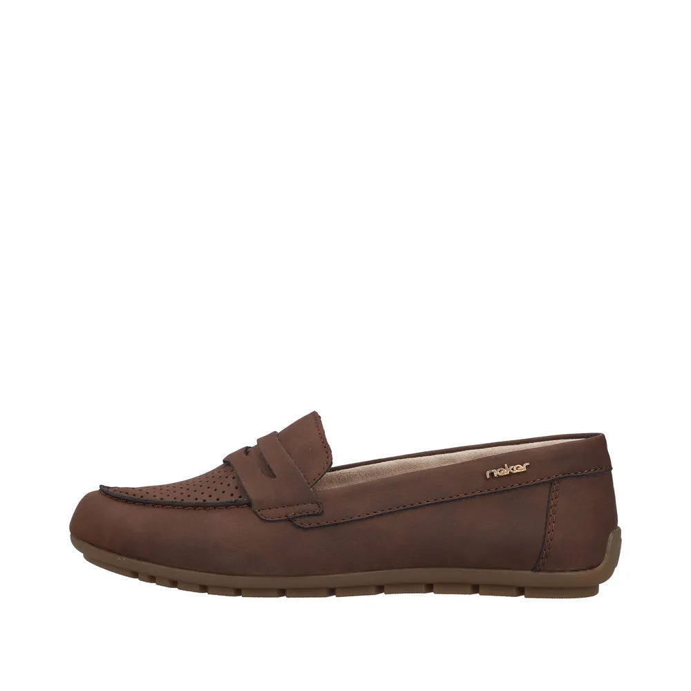 Rieker 43862-24 women’s brown slip-on loafers with perforated toe and comfortable rubber sole.