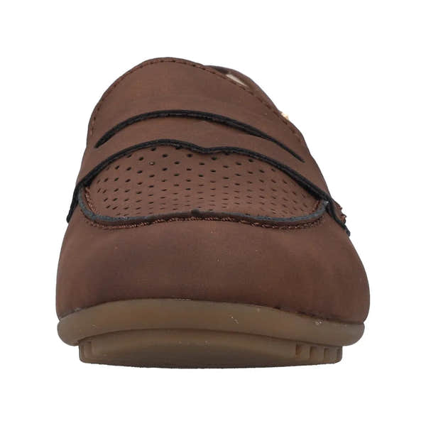 Rieker 43862-24 Ladies Brown Slip-On Shoes, casual loafer with perforated detailing and comfortable sole.