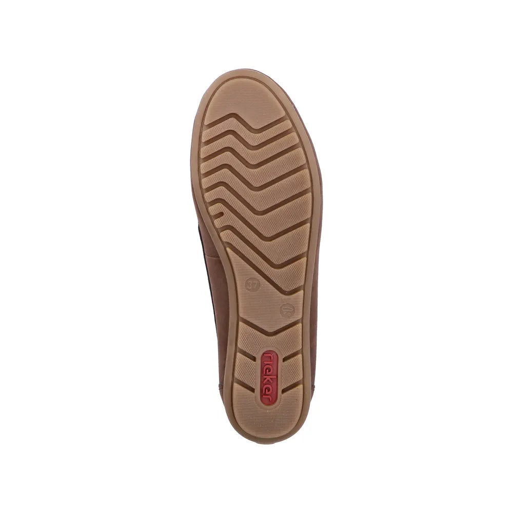 Rieker 43862-24 women's brown slip-on shoes with textured sole and cushioned insole, stylish and comfortable for casual wear.