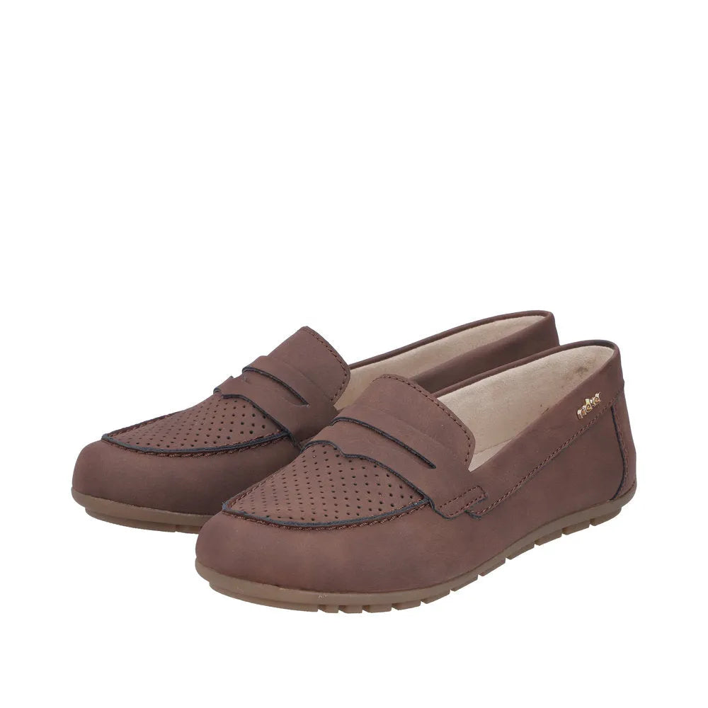 Rieker 43862-24 women's brown slip-on shoes with perforated detailing and comfortable flat sole.