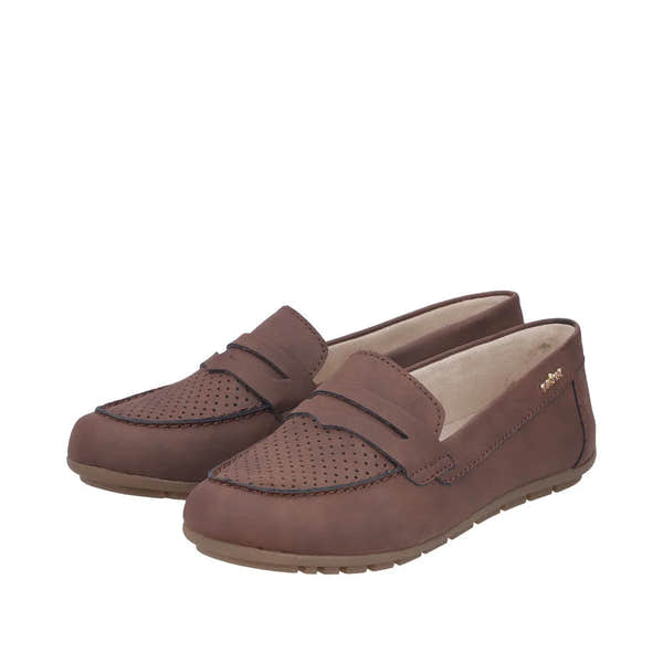 Rieker 43862-24 women's brown slip-on shoes with perforated detailing and comfortable flat sole.