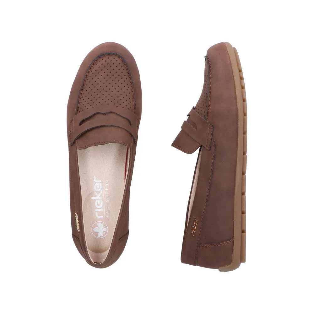 Rieker 43862-24 women's brown slip-on shoes with perforated detailing and comfortable flat sole.