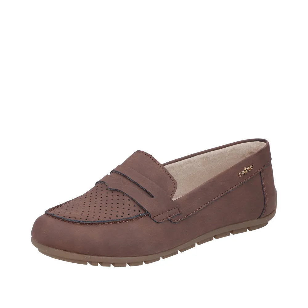 Rieker 43862-24 women's brown slip-on shoes with perforated toe area and comfortable sole.