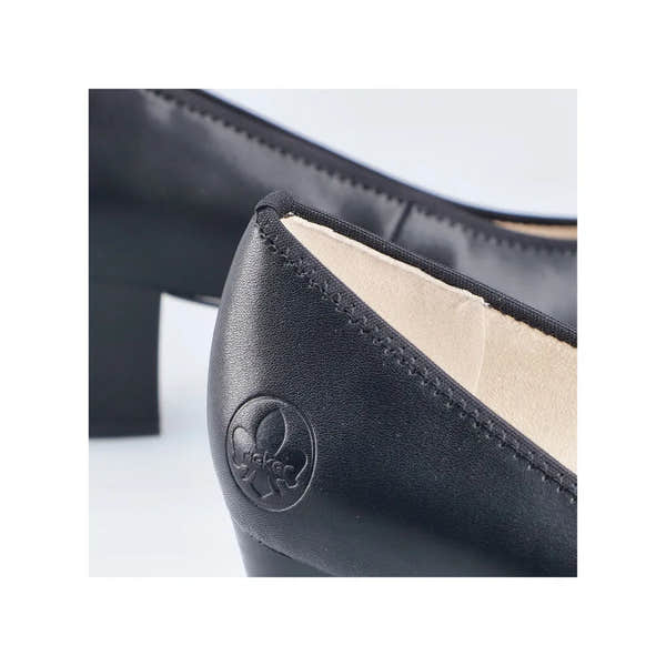 Rieker 44650-04 Women's black leather heeled shoes with a round toe and block heel.