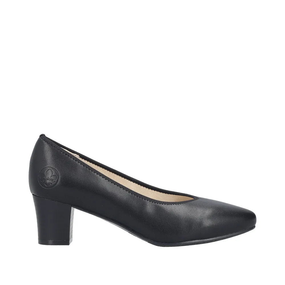 Rieker 44650-04 women's black leather mid-heel pumps with rounded toe and block heel, stylish and comfortable for everyday wear.