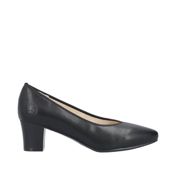 Rieker 44650-04 women's black leather mid-heel pumps with rounded toe and block heel, stylish and comfortable for everyday wear.
