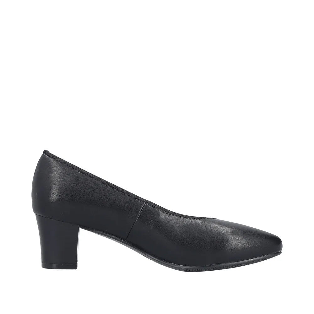 Rieker 44650-04 women's black leather heeled shoes with mid-height block heel, sleek pointed toe, and stylish design.