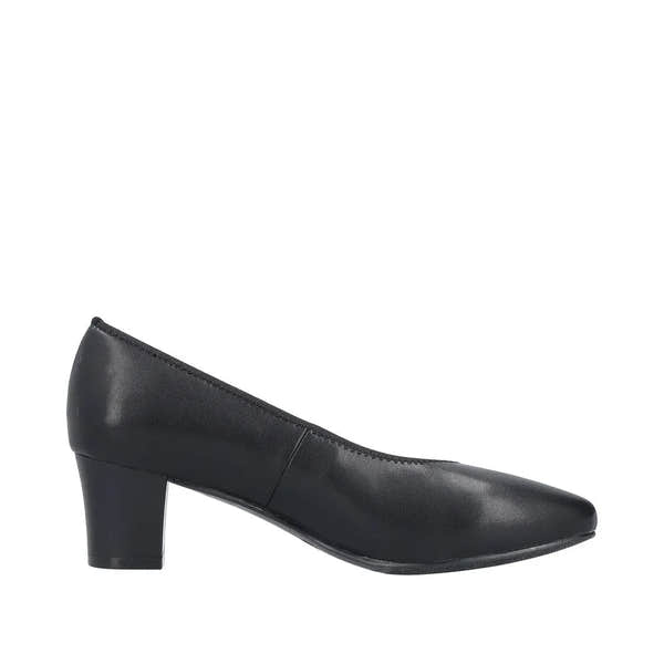 Rieker 44650-04 women's black leather heeled shoes with mid-height block heel, sleek pointed toe, and stylish design.