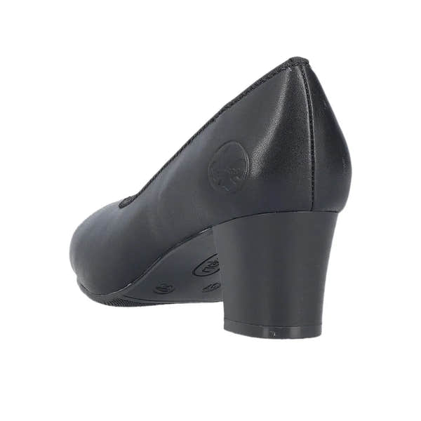 Rieker 44650-04 Ladies Black Leather Heels, mid-high block heel, sleek design, and cushioned sole.