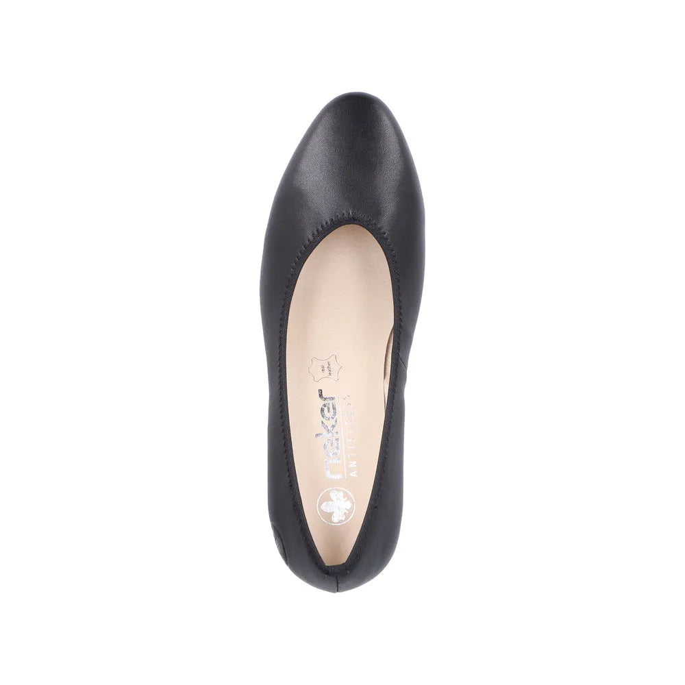 Rieker 44650-04 womens black leather Heels, closed toe, slip-on style, stylish and comfortable for women.