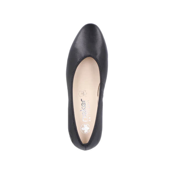 Rieker 44650-04 womens black leather Heels, closed toe, slip-on style, stylish and comfortable for women.