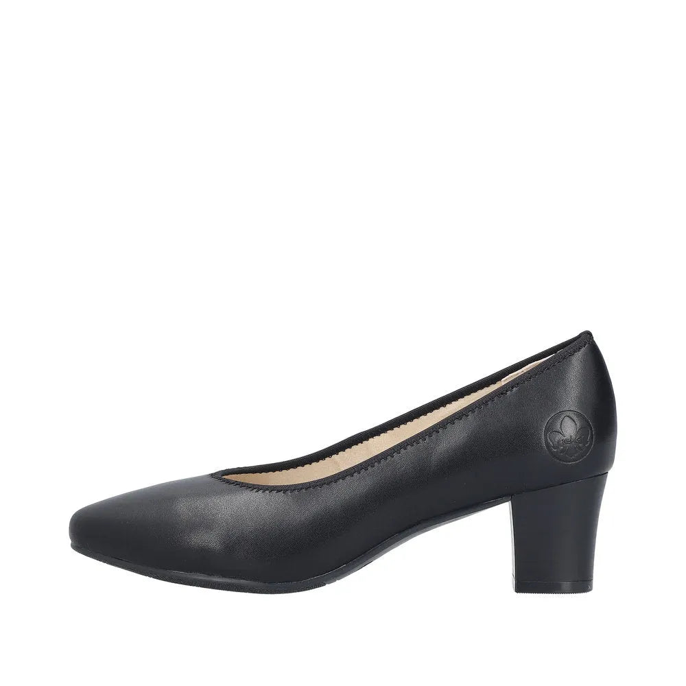 Rieker 44650-04 women's black leather heeled pump with almond toe and mid-height block heel.