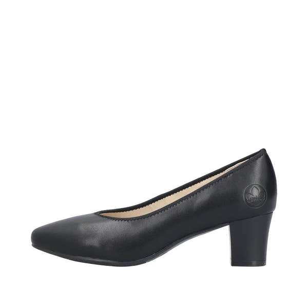 Rieker 44650-04 women's black leather heeled pump with almond toe and mid-height block heel.
