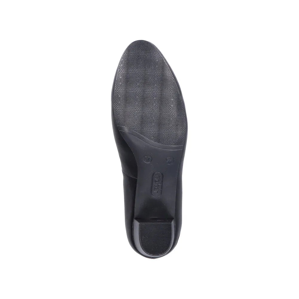 Rieker 44650-04 women's black leather heels with pointed toe and block heel, stylish and comfortable for formal occasions.