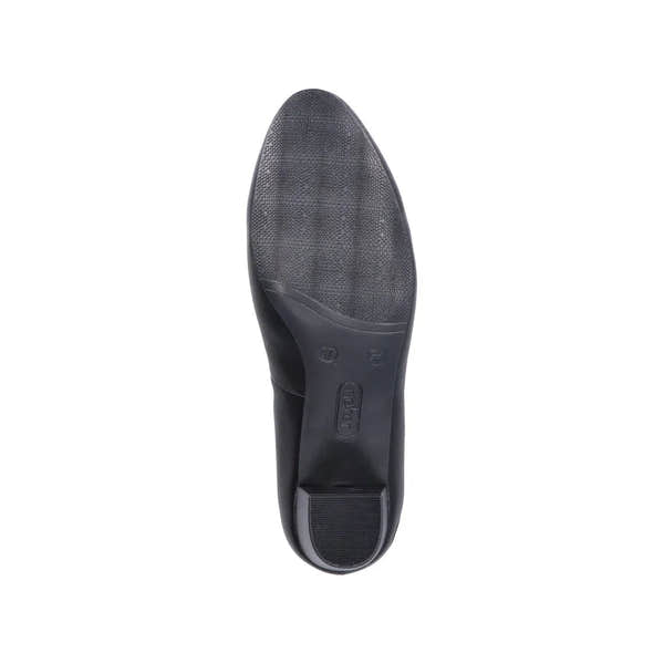 Rieker 44650-04 women's black leather heels with pointed toe and block heel, stylish and comfortable for formal occasions.