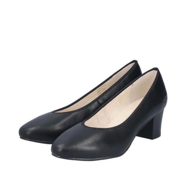 Rieker 44650-04 women's black leather heeled loafers with rounded toe and chunky mid-height heel.
