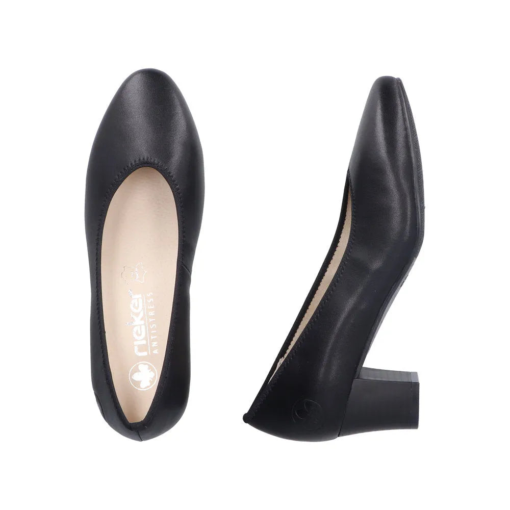 Rieker 44650-04 women's black leather heeled pumps with block heel and pointed toe.