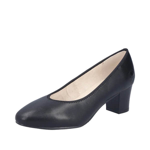 Rieker 44650-04 women's black leather heeled shoes with rounded toe and mid-height chunky heel.