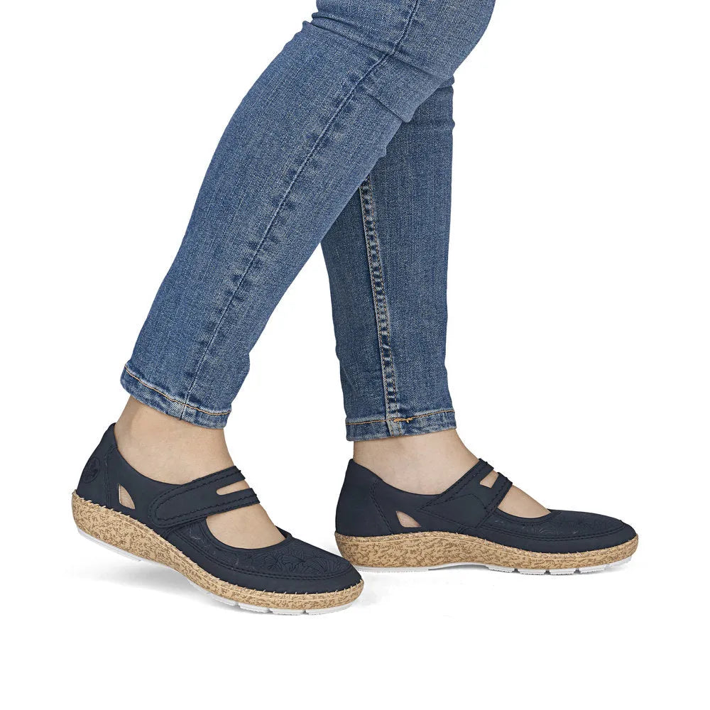 Rieker 44859-14 ladies navy blue touch fastening shoes with cork-style sole and breathable design.