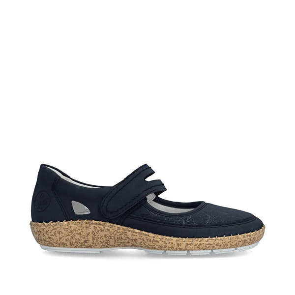 Rieker 44859-14 navy blue ladies touch fastening shoes with cushioned sole and textured beige outsole.